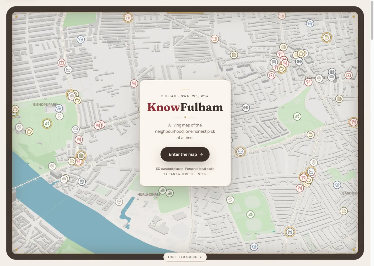 KnowFulham map showing Andrew's curated places across Fulham