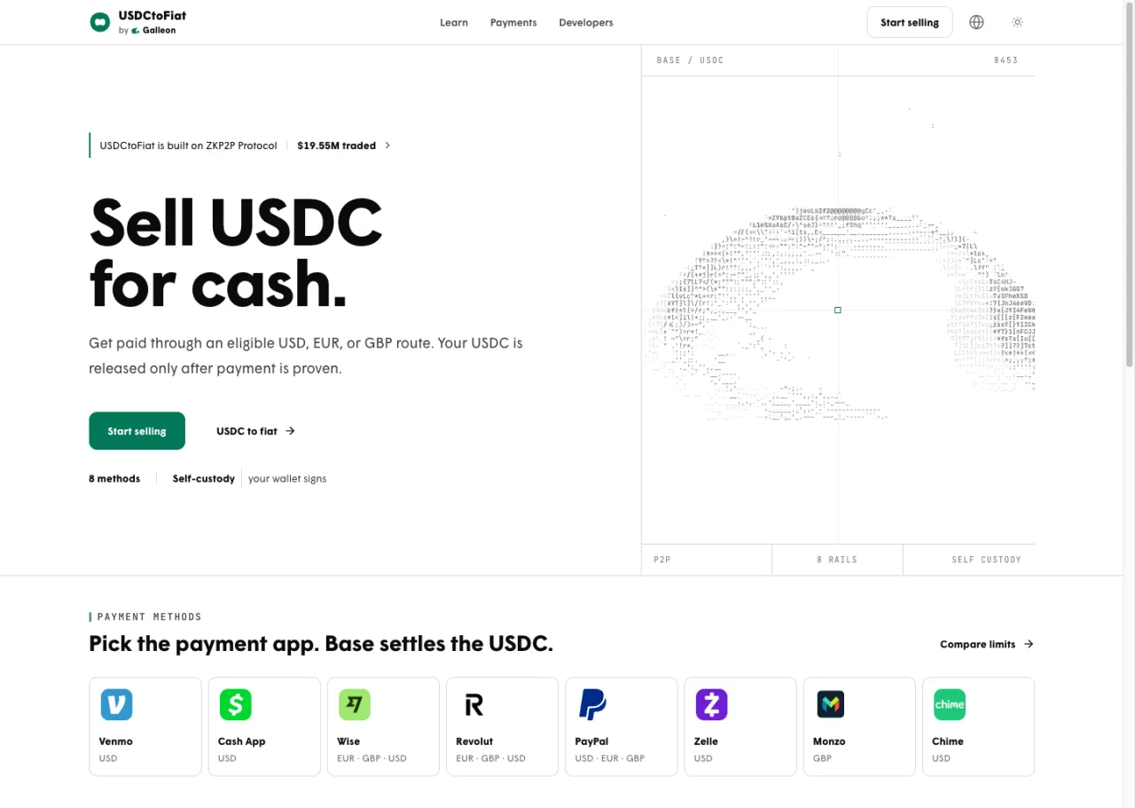 USDCtoFiat home page showing supported payment methods and the by Galleon endorsement