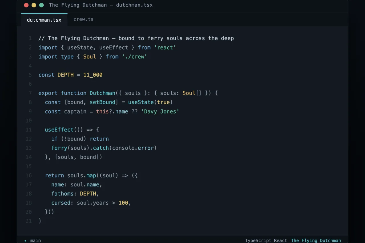 The Flying Dutchman theme applied to a TypeScript editor